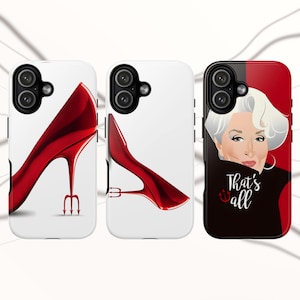 May include: Three phone cases with unique designs. Two cases feature a red high heel shoe with a trident heel on a white background. The third case has a portrait of a woman with white hair and the text "That's all".