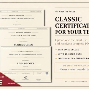 May include: Three off-white certificates with black text featuring titles like Outstanding Team Contribution Award, Innovation in Practice Award, and Excellence in Client Partnership Award, alongside text detailing bulk order options for teams.