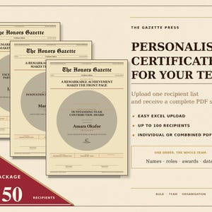 May include: Three cream-coloured newspaper-style certificates titled The Honors Gazette with dark brown text. The certificates feature a central grey circle and text fields for names and awards. The background includes text about personalised certificates for teams, bulk packages for up to 50 recipients, and instructions for Excel uploads.