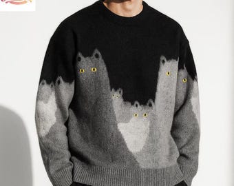 Jersey de punto para hombre con estampado de gato – Jersey suave de cuello redondo