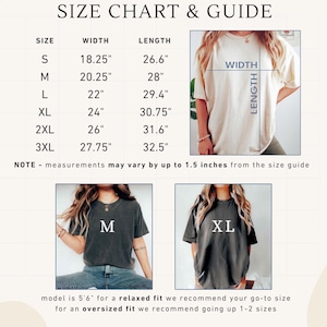 May include: Size chart and guide for t-shirts, with measurements in inches. Includes sizes S to 3XL, with width and length dimensions. The image also shows models wearing t-shirts in sizes M and XL. The text recommends sizing up for an oversized fit.