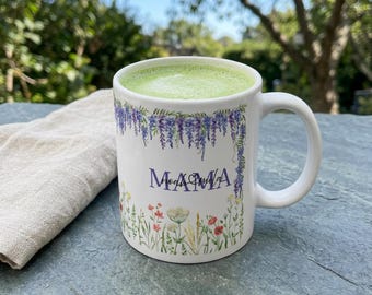 Personalized Floral Mama Mug – Custom Name, Elegant Nature Design