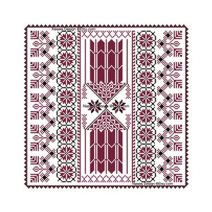 May include: A square cross-stitch pattern featuring symmetrical geometric motifs in deep maroon and black on a white background. The design includes repeating floral-like circular elements, chevron columns, and angular borders. Text reads Naseej Design @Etsy.com.