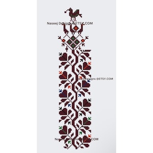 Puede incluir: Diseño vertical de punto de cruz con un tallo central con patrones florales y geométricos en burdeos, verde, naranja y azul. El diseño incluye un pájaro en la parte superior y el texto "Naseej Designs @ETSY.COM".