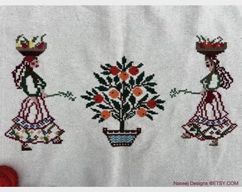Sarafand Palestinian Dress Inspired Cross Stitch Artwork: Floral, Orange Tree Motifs