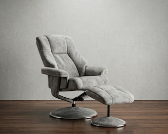Swivel Fabric Recliner Chair & Footstool | 360 Rotating Manual Recliner | Elephant Grey | Oak Star Base | Living Room Chair with Stool