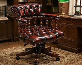 Chesterfield Kapitäns Schreibtischstuhl | Drehbarer Bürosessel in Italienisches Leder | Handgefertigt aus England | Tiefer Knopf Getuftet Sessel mit Hoher Rückenlehne