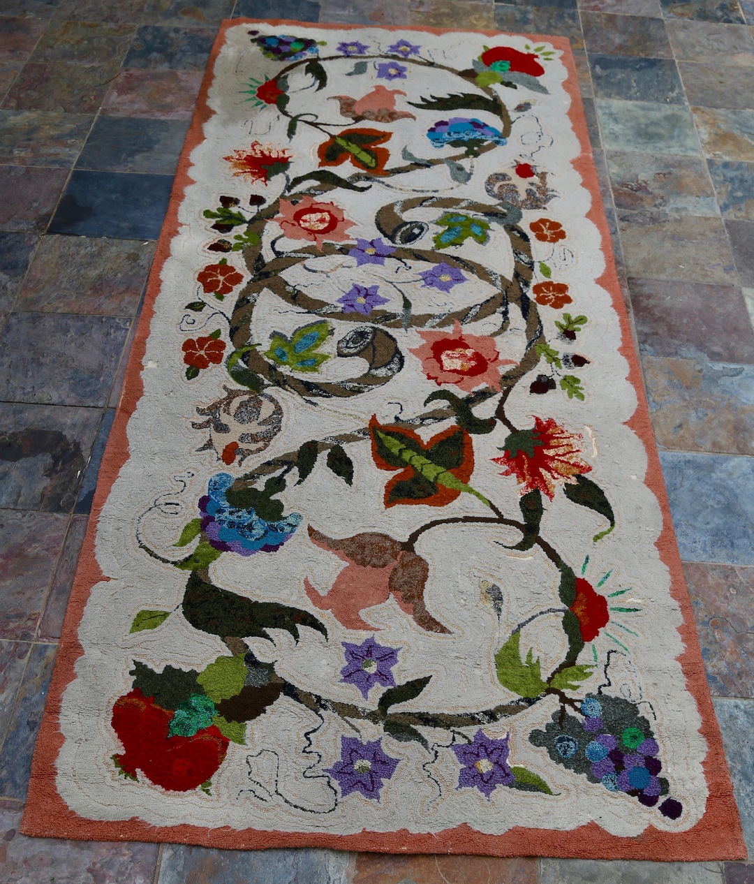 Antique American Hook Rug, Folk Art Hook Rug, Primitive Area Rug, 1950's Hook Rug, Large Art