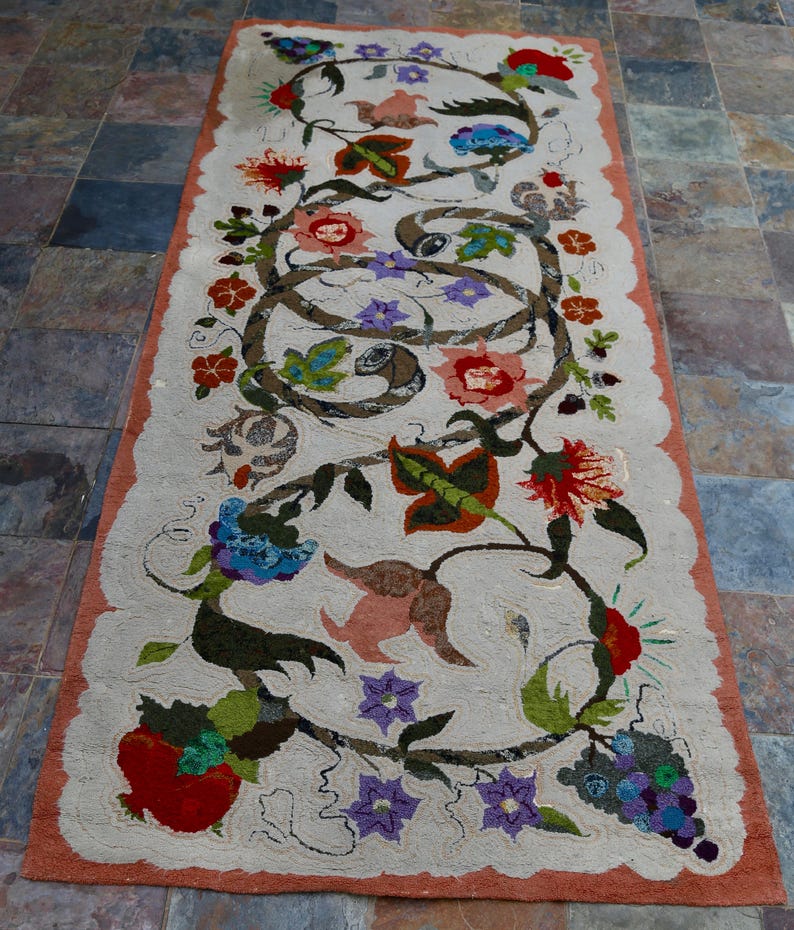 Antique American Hook Rug, Folk Art Hook Rug, Primitive Area Rug, 1950