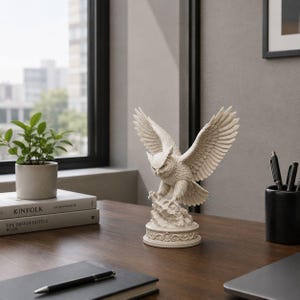 Può includere: Una scultura di gufo bianco sporco con ali spiegate, posizionata su una base decorativa. Il gufo è finemente scolpito, con piume e artigli visibili. La scultura è esposta su una scrivania di legno, suggerendo un elemento decorativo per la casa.