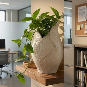 May include: A white ceramic vase with a textured, embossed leaf pattern on its exterior surface. The vase has a curved, organic shape resembling a closed flower bud and contains a trailing green pothos plant with heart-shaped leaves.