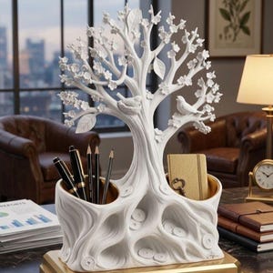 May include: A white tree-shaped desk organizer with a gold base. The tree features sculpted branches, leaves, flowers, and birds. It has compartments for pens, pencils, and a small notebook. The organizer is a decorative and functional desk accessory.