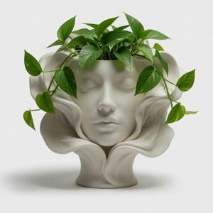 Op de afbeelding: Een matwitte keramische plantenbak in de vorm van een menselijk gezicht met gesloten ogen, omringd door vloeiende, bloembladachtige structuren die de basis en zijkanten vormen. Een levendige groene pothosplant met hartvormige bladeren groeit bovenop.