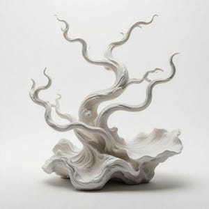 Può includere: Una scultura bianca caratterizzata da una base con texture fluide simili a onde che si trasformano in un tronco centrale. La struttura si estende verso l'alto in molteplici forme sottili, sinuose e ramificate che si curvano e si attorcigliano.
