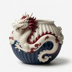 May include: A round ceramic vessel featuring a sculpted white dragon with deep red accents wrapped around the exterior. The upper portion of the bowl is cream-colored, while the lower section transitions into a dark blue, both with vertical ribbing.