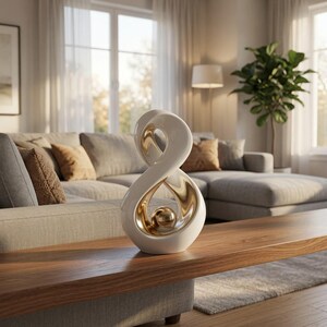 May include: A white ceramic sculpture featuring a continuous, fluid infinity loop design with a polished gold interior finish and a small, centered gold sphere resting within the lower curve of the abstract, smooth-surfaced decorative object.