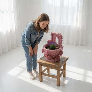 Peut inclure: Un pot de fleurs rose de forme circulaire, conçu comme un puits en pierre miniature, orné de roses sculptées et de vignes grimpantes. Le pot contient de la terre et une petite plante de lavande violette, posé sur un tabouret en bois.
