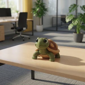 Op de afbeelding: Een kleine, groen en bruin gekleurde schildpadfiguur met grote, donkere ogen en een gestructureerd schild. De schildpad staat in een rechtopstaande positie met het hoofd licht gekanteld, met een glad, rond gezicht en gedetailleerde huidtextuur.
