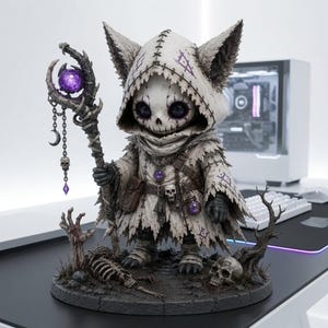 Peut inclure: Une figurine de créature encapuchonnée aux grands yeux sombres, vêtue d'une robe blanche en lambeaux avec des symboles violets. Elle tient un bâton surmonté d'un orbe violet brillant, de chaînes et de breloques. La base présente un squelette.