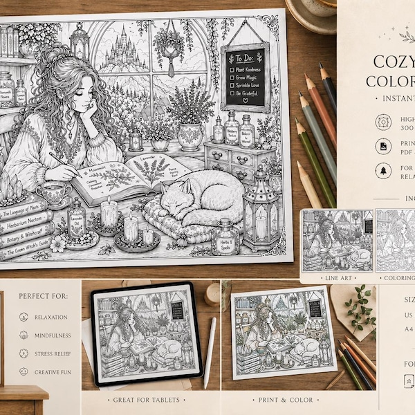 Cozy Witch Coloring Page | Botanical Cottage Fantasy Art (PDF Download)