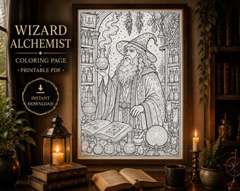 Wizard Alchemist Coloring Page | Fantasy Potion Line Art (digital ...