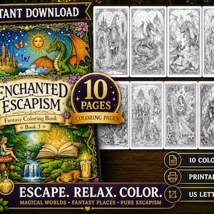 Może przedstawiać: Cyfrowa kolorowanka fantasy zatytułowana Enchanted Escapism Book 3, z kolorową okładką przedstawiającą smoka, jednorożca i otwartą księgę. Zestaw zawiera 10 czarno-białych kolorowanek do druku w formacie PDF, rozmiar US letter.
