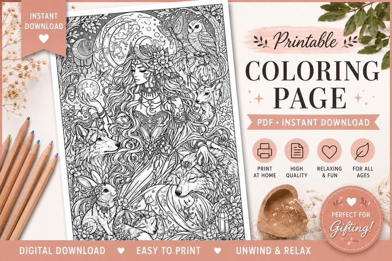 Moon Goddess Fantasy Coloring Page | Celestial Animals, Floral Elements ...