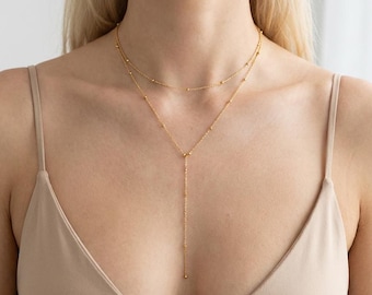 Gold Layered Y Necklace, Dainty Lariat Necklace, Minimalist Drop Necklace, Double Chain Necklace, Elegant Jewelry Gift for Her
