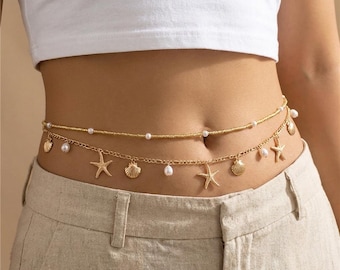 Gold Starfish Waist Chain, Beach Belly Chain, Shell Pearl Body Jewelry, Boho Summer Waist Jewelry, Coastal Bikini Accessory