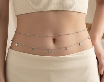 Gold Silver Waist Chain with Turquoise Beads, Layered Belly Chain, Dainty Body Jewelry, Minimal Beach Waist Necklace, Summer Jewelry Gift