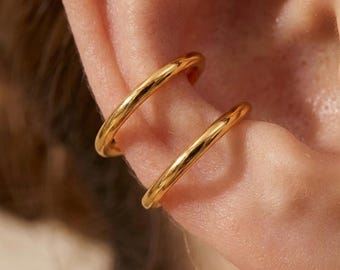 Minimalist Ear Cuff No Piercing, Double Hoop Ear Cuff, Gold Steel Ear Wrap, Cartilage Earring, Fake Helix Earring, Modern Jewelry Gift