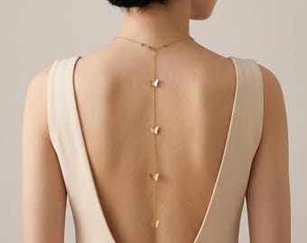 Butterfly Back Necklace, Bridal Back Jewelry, Open Back Dress Necklace, Gold Butterfly Lariat Necklace, Dainty Back Drop Necklace