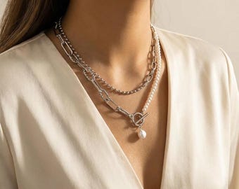 Gold Silver Pearl Chain Necklace, Minimalist Layered Necklace, Toggle Clasp Necklace, Modern Chain Jewelry, Elegant Necklace, Gift for Her