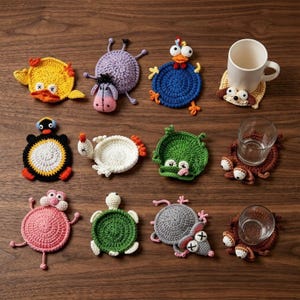 May include: A collection of colorful, handmade crochet coasters in various animal shapes, including a duck, penguin, turtle, and mouse. The coasters are placed on a wooden surface, with a white mug and two glasses. The coasters are designed to protect surfaces from heat and moisture.