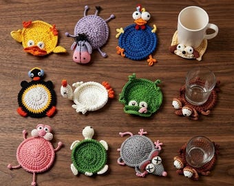 Paquete de 11 patrones de posavasos de animales amigurumi, patrones de portavasos de ganchillo (guía en PDF)