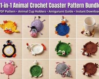 Paquete de 11 patrones de posavasos de animales amigurumi, patrones de portavasos de ganchillo (guía en PDF)