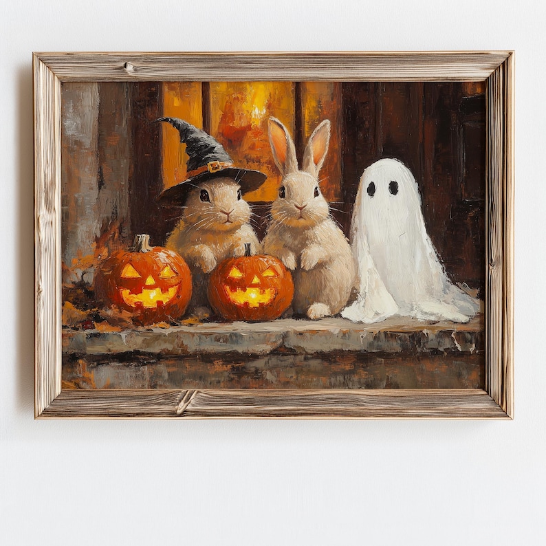 Halloween Rabbit Ghost Halloween Bunny and Ghost Wall Art Set of 6, Candlelit Jack-o'-lantern ...