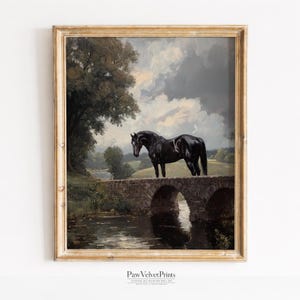 Vintage Dark Horse Oil Painting on Stone Bridge - Printable Wall Art, Rustic Farmhouse Decor, Digital Download Countryside Scene 783