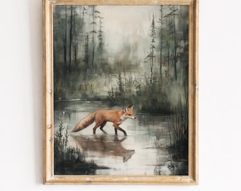 Vintage Rotfuchs Ölgemälde druckbare Wandkunst - rustikale Waldszene, Cottagecore Dekor, Wildtier Dekor digitaler Download 1006