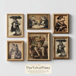 Dapper Gentleman Frogs Bundle Set of 6 Printable Vintage Wall Art, Cottagecore Animal Paintings, Sepia Farmhouse Decor Digital Download 1405