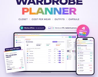 Wardrobe Planner Web App, Closet Inventory, Closet OrganizerCost Per Wear, Outfit Builder, Capsule Wardrobe, Clothing Budget, 4 Languages,