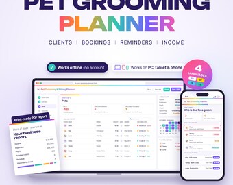 Pet Grooming Business Planner Web App, Dog Groomer Client & Pet Tracker, Bookings, Vaccine Expiry, Pet Sitting, Income, Client Records
