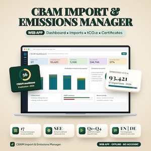 CBAM Management Web App, CBAM Import Tracker, Embedded Emissions Calculator, CBAM Certificates Cost, Quarterly Log, CO2 Emissions Calculator