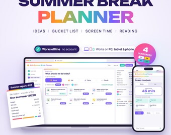 Kids Summer Break Planner Web App, Summer Bucket List, Screen Time Tracker, Reading Challenge, Camp Plans, What to Do Today Ideas, Offline