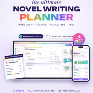 Può includere: Un pianificatore digitale per la scrittura di romanzi visualizzato su uno schermo di laptop e smartphone, con un report PDF pronto per la stampa. L'interfaccia include strumenti per monitorare parole, scene, personaggi e trama.