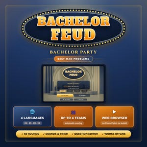 Könnte beinhalten: Ein digitales Spiel namens Bachelor Feud für Junggesellenabschiede mit der Kategorie Best Man Problems. Die Benutzeroberfläche bietet Optionen für 4 Sprachen, bis zu 4 Teams und Webbrowser-Kompatibilität. Enthält 50 Runden, Sounds, Timer und Editor.