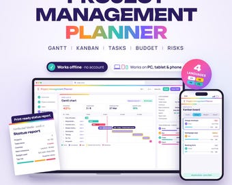 Project Management Planner Web App, Gantt Chart, Kanban Board, Task Tracker, Budget, Risk Register & RACI, Milestones, Team Workload Offline