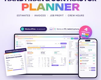Handyman Contractor Planner Web App, Estimate & Invoice Tracker, Job Profit, Crew Hours, Materials and Mileage Log, Job Costing Time Tracker