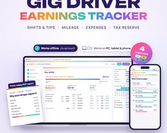 Gig Driver Earnings Tracker Web App, Mileage and Expense Tracker, Shift & Tip Tracker, Fuel Log, Tax Reserve Weekly Goals, Earnings per Hour