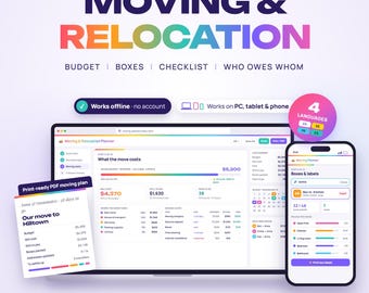Moving & Relocation Planner App, Moving Checklist, Packing Box Tracker, Moving Budget, Utilities and Change of Address, Moving Day, Offline